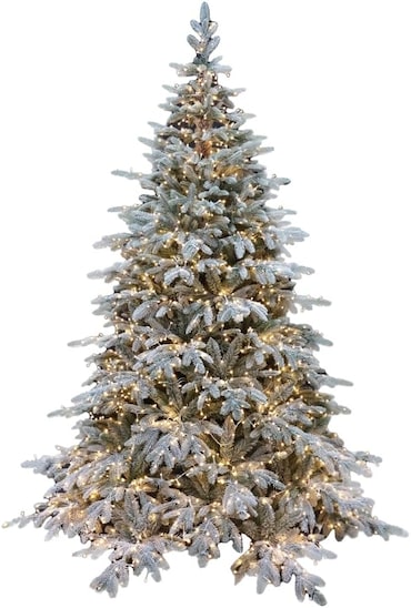 Albero di Natale Pino Verde Innevato H 210cm x L 150cm Super Folto Effetto Real-Touch con 2500 Luci Led Incorporate e Base Croce in Ferro Pieghevole