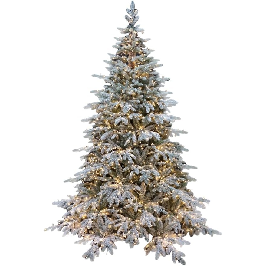 Albero di Natale Pino Verde Innevato H 210cm x L 150cm Super Folto Effetto Real-Touch con 2500 Luci Led Incorporate e Base Croce in Ferro Pieghevole