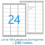 thumbnail of Lot de 10 Planches A4 de 24 étiquettes  spéciales TIMBRE - 6,35 x 3,39 cm = 240 étiquettes