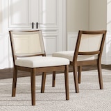thumbnail of 2 Esszimmerstühle Massivholz Walnuss mit Rattanlehne und Leinenpolster