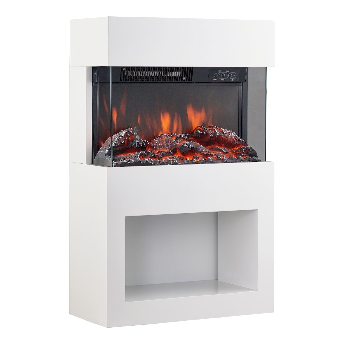 KAMINIO Elektrokamin Henri - Elektrischer Kaminofen mit Heizung, 3D-Flammeneffekt, Holzfach, Fernbedienung - Weiß