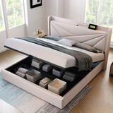thumbnail of Polsterbett Stauraumbett Bettgestell 140x200 mit USB TypC Ladefunktion Kopfteil Stauraum Eisenrahmen Massivholzlatten stabil modern bequem beige