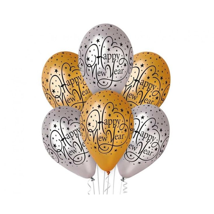 6 Luftballons Silvester Happy New Year gold silber
