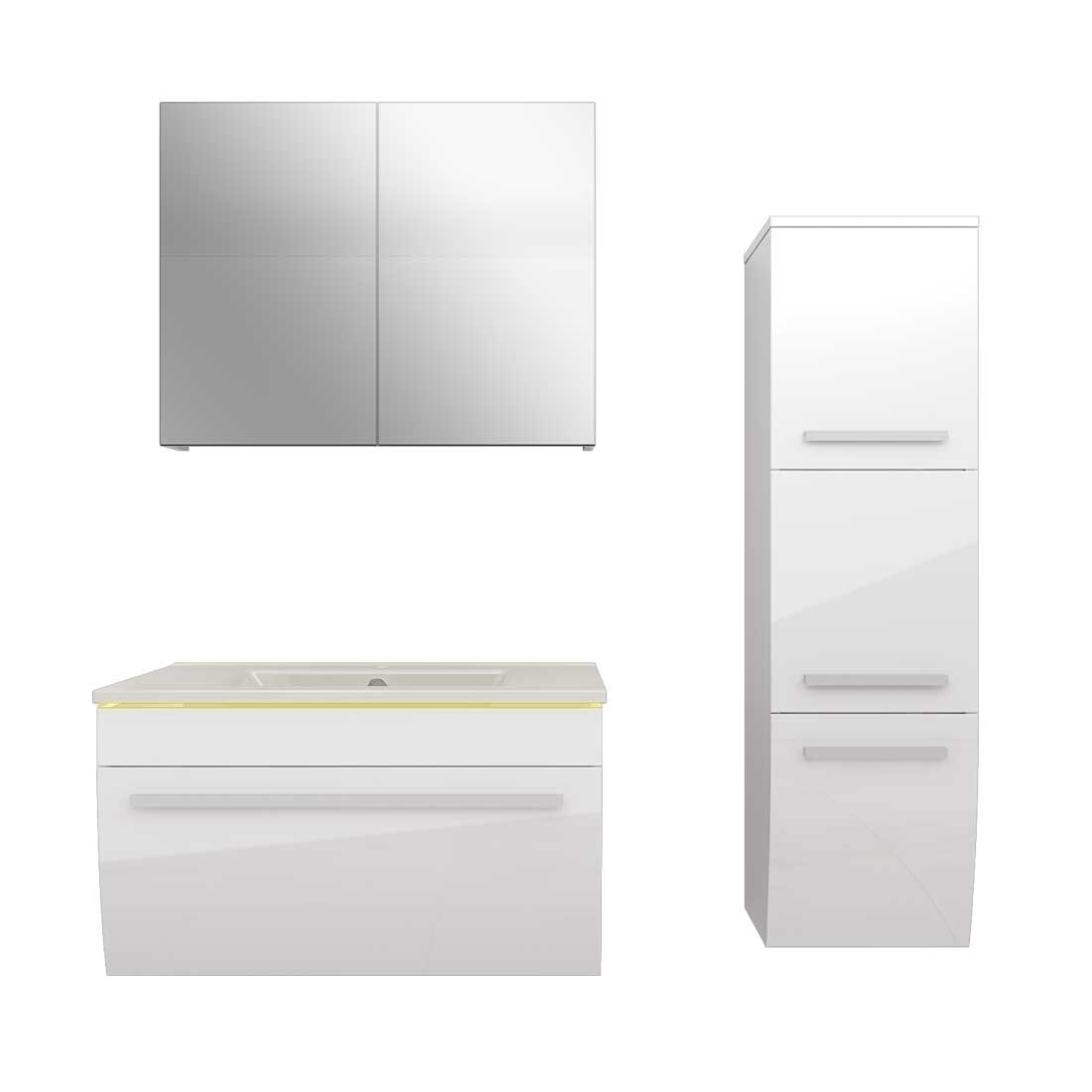 Badmöbel Set Gently 3 V2-R Weiß Badezimmermöbel Badspiegel Waschtisch 80 cm mit 1x 5W LED / Energiebox