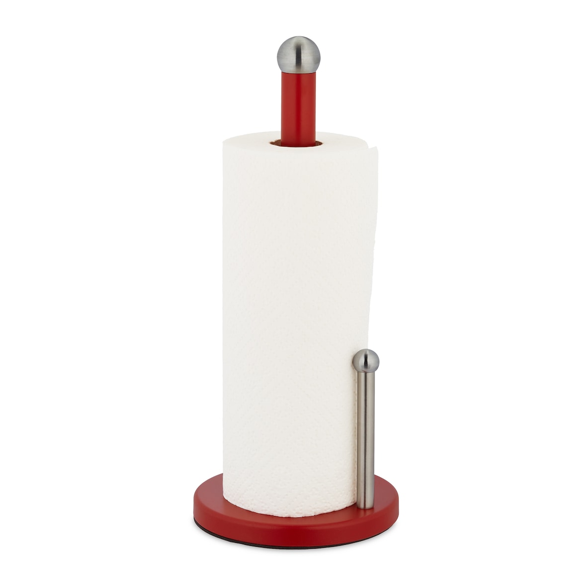 Relaxdays Küchenrollenhalter stehend, Küchenrollenständer Metall, Rollenhalter mit Abrollstop, HxD 35 x 15cm, rot-silber
