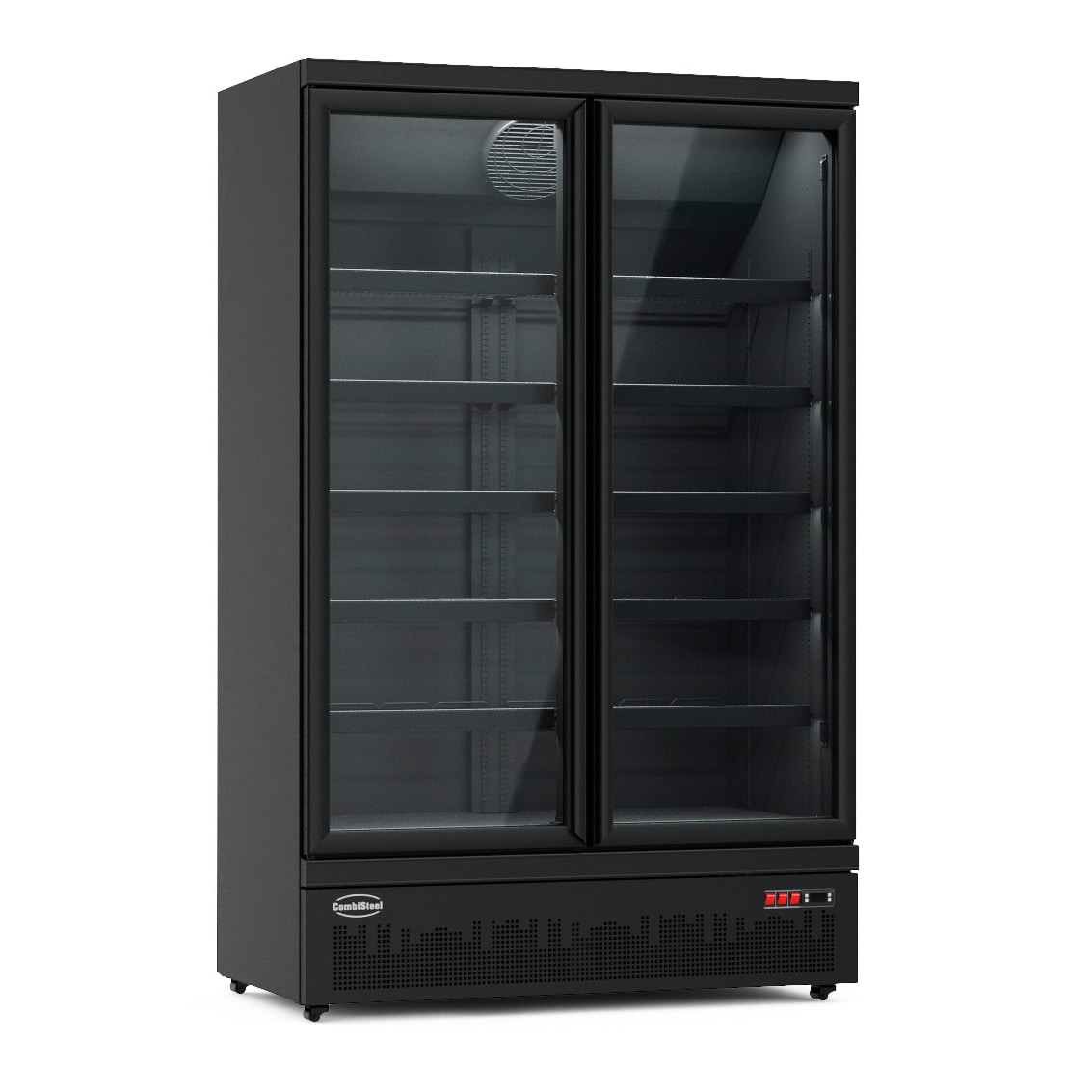 Kühlschrank RHINO auf Rollen | 2x Glastür + LED | 1000 Liter, HxBxT 199,7x125,3x71cm | 0/+10°C | Schwarz + CHEFGASTRO Geschirrtuch
