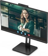 Ein Monitor mit einer Webcam und einer Frau.