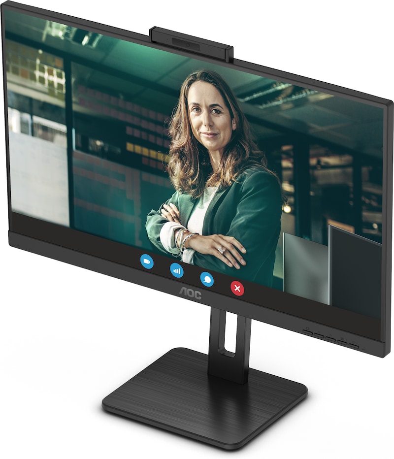 Ein Monitor mit einer Webcam und einer Frau.