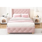 thumbnail of Luxuriöses Samt-Polsterbett 100x200 Rosa Knopf-Tufting Nietenverzierungen Verstärkte Bettbeine Modernes elegantes Design