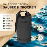 Eine schwarze, wasserdichte Tasche mit Tragegurt.