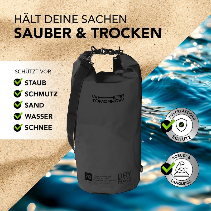 Eine schwarze, wasserdichte Tasche mit Tragegurt.