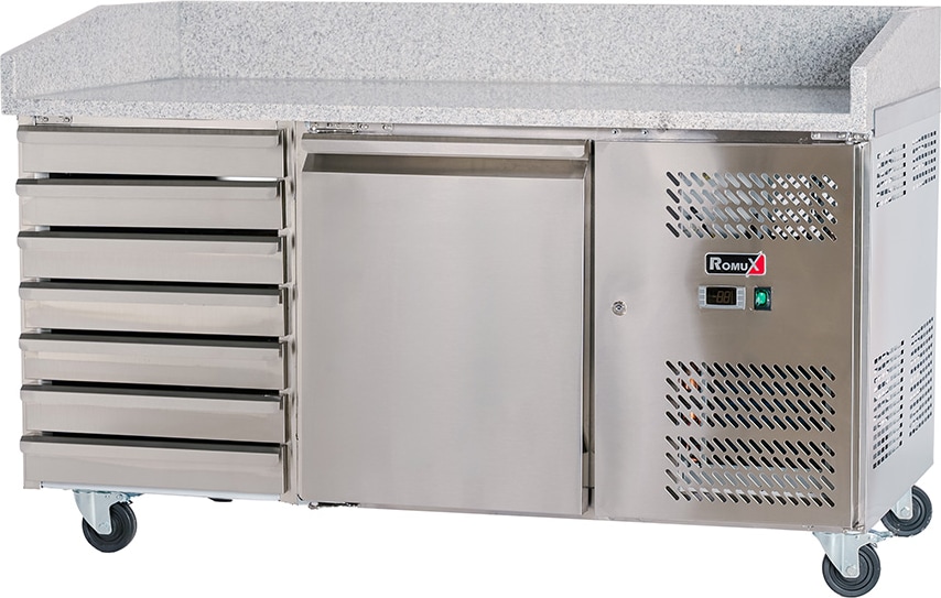 Romux® Pizzatisch 1 Tür und 7 Schubladen 150x80 cm mit Arbeitsfläche aus Granit mit Umluftkühlung | Pizzakühltisch aus Edelstahl