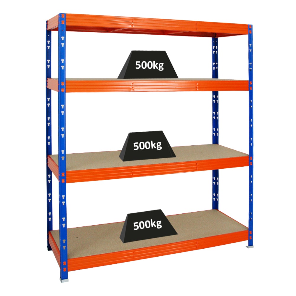 PROREGAL Étagère charge lourde RHINO, HxLxP 180x160x60cm, 500kg par niveau, Tablette 8mm, Bleu/Orange, Étagère de garage, étagère de rangement