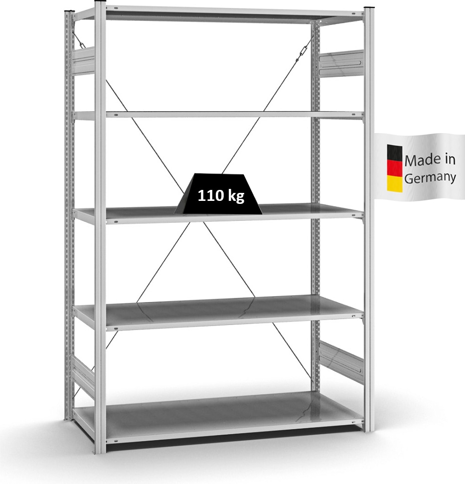 PROREGAL Profi-Lagerregal Stecksystem | Grundregal/Grundfeld | HxBxT 200x130x60cm | Fachlast 110kg | Verzinkt