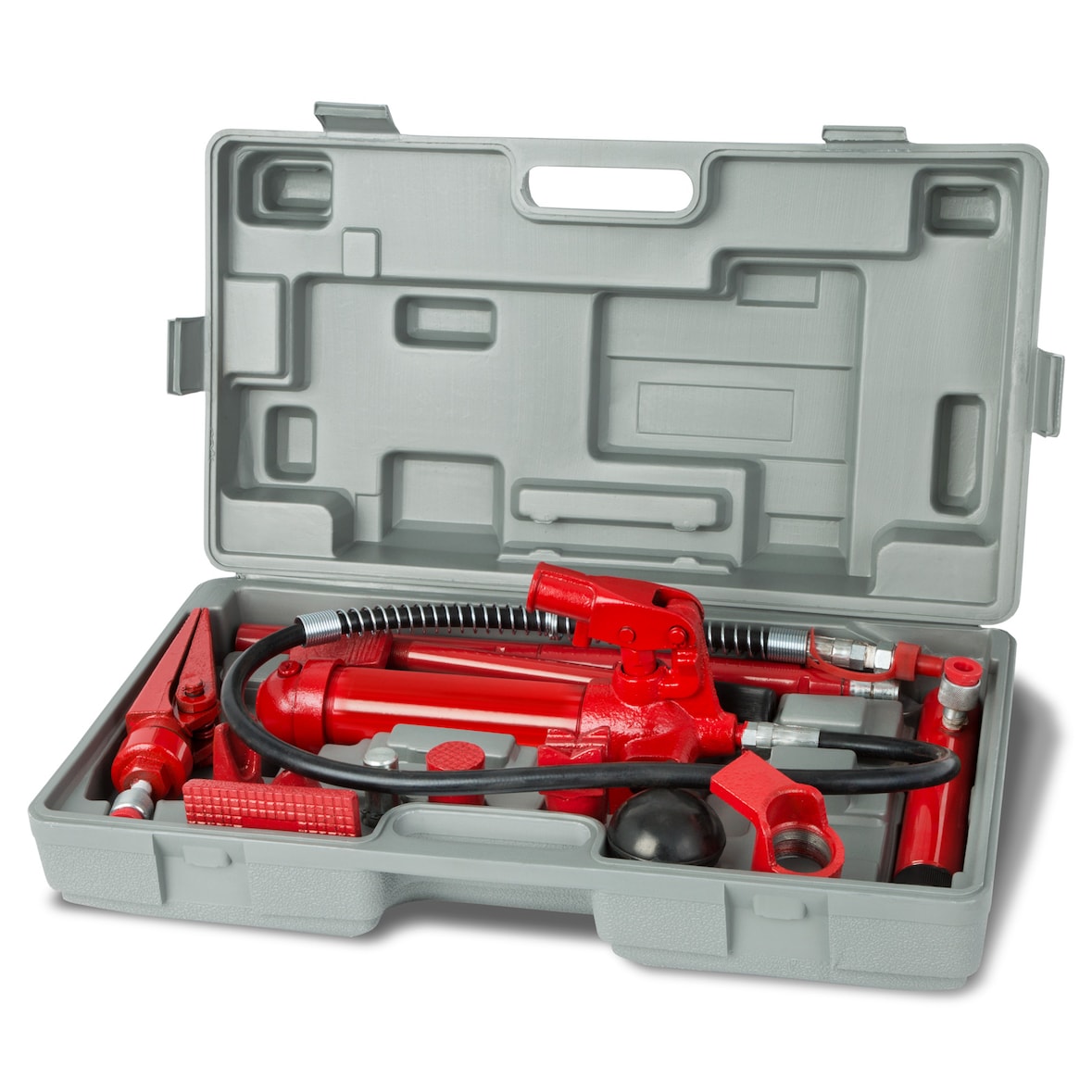 EBERTH hydraulischer Ausbeulsatz 4T mit V-Spreizer, Druckpresse, 7 Druckstücken, 3 Verlängerungen, Pumpe, Schlauch & Koffer