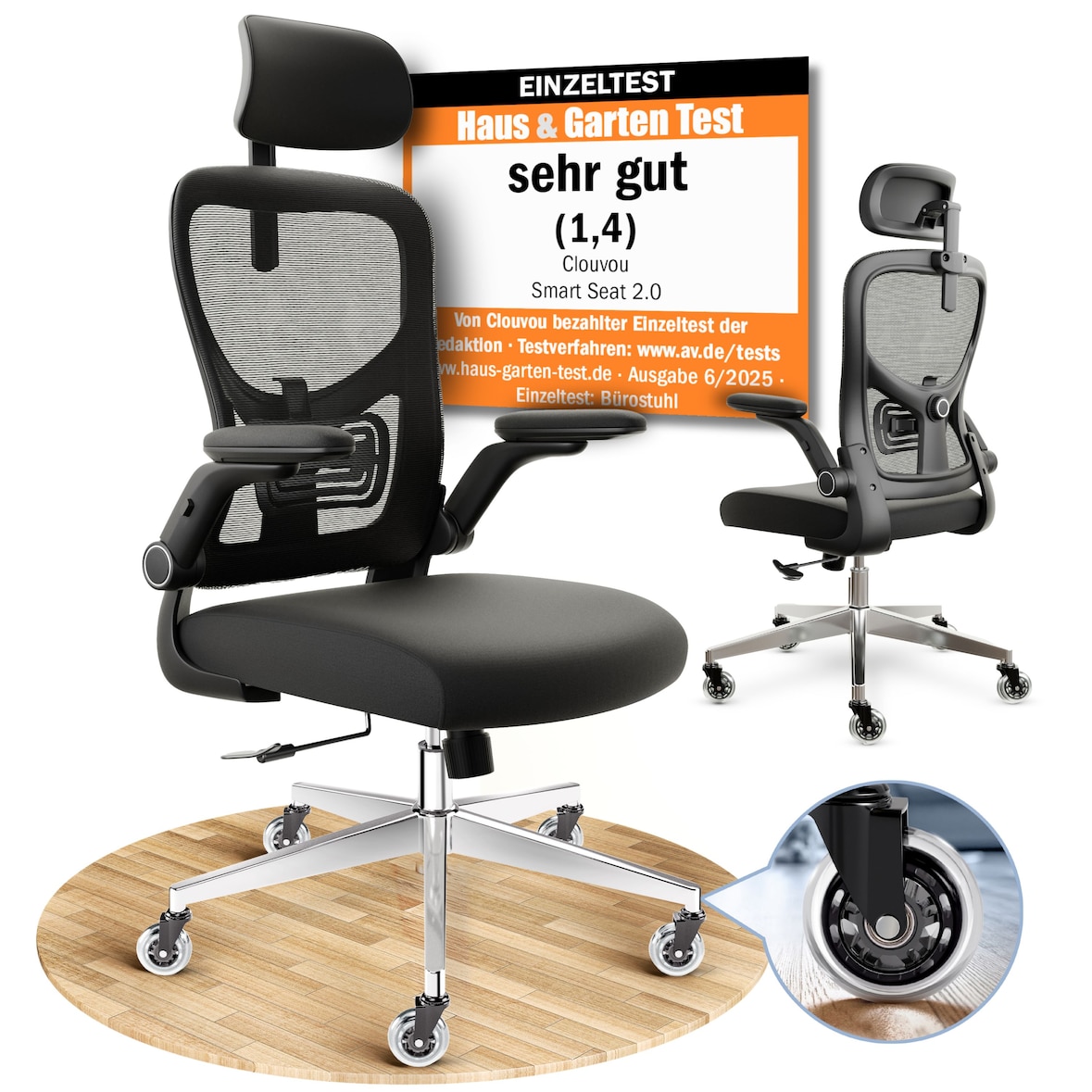 CLOUVOU SmartSeat, ergonomischer Bürostuhl, Rückenlehne mit Mesh Bezug, FlipUp-Armlehnen, 3D-Kopfstütze, BladeWheels, Schwarz