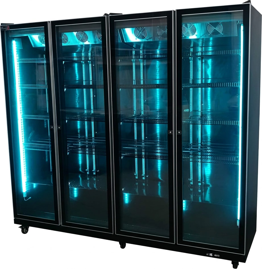 Romux® Gefrierschrank MD 2200 Liter 4 Türen Schwarz mit Belüftet | Professioneller Gefrierschrank mit Glastür & LED