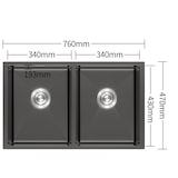 thumbnail of Gasfrit - Keukenspoelbak met 2 bakken, met sifon, voor werkblad van roestvrij staal kleur zwart, één spoelbak, 760 x 470 x 200 mm