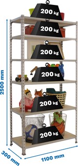 thumbnail of SimonRack Estantería Metálica, 2500x1100x300 mm, 6 Alturas, Bandeja Madera, 200 kg de Punto Flexión, Galva/Madera - Maderclick