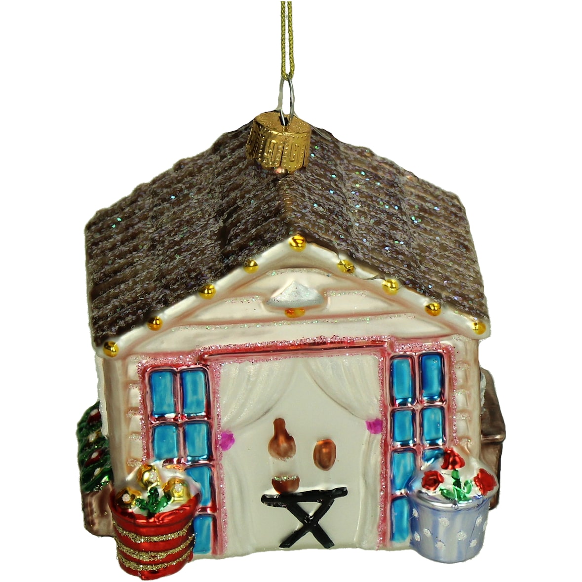 Christbaumschmuck Glas 6,8cm Gartenhaus Figur Kugeln Weihnachtsbaum Anhänger Weihnachten Christbaumanhänger Weihnachtsbaumschmuck Beige