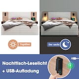 thumbnail of Doppelbett 180x200 mit 2 Schubladen, Kopfteil Leselicht USB Ladefunktion, 2 Nachtkommoden, Massivholz MDF, Stauraum, Eiche Weiß