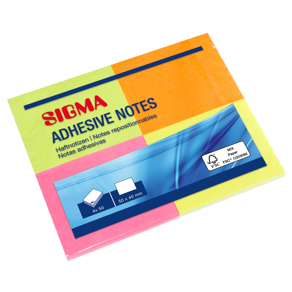 SIGMA Haftnotizblock, 50 x 40 mm, mehrfarbig, 200 Blatt