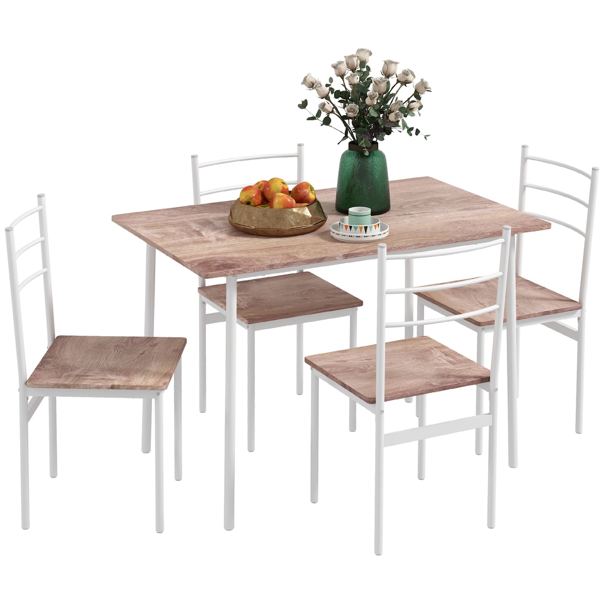 HOMCOM Conjunto de Refeição 5 Peças Conjunto de Mesa e 4 Cadeiras para 4 Pessoas com Estrutura de Aço 110x70x75 cm Madeira e Branco