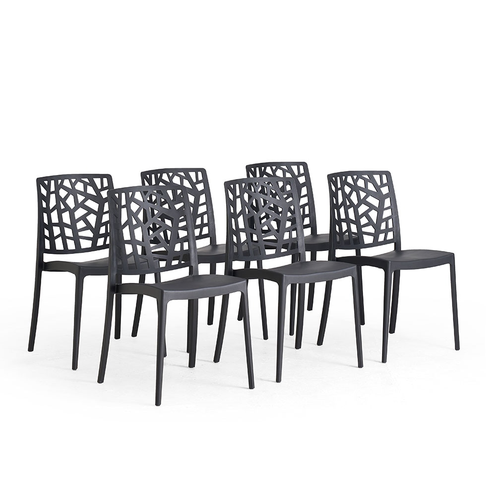 Set van 6 stapelbare stoelen in polypropyleen met glasvezel voor tuin of binnengebruik, waterafstotend en duurzaam, modern design – TRIXY – Zwart
