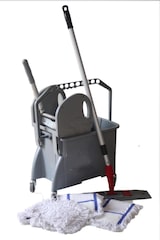 thumbnail of CleanSV® Wischset grau 40cm - 16 Liter, PE Putzeimer mit 4 Rädern und Moppresse, 3 CleanSV® Baumwollmop 40 cm, Mophalter und Teleskpstiehl