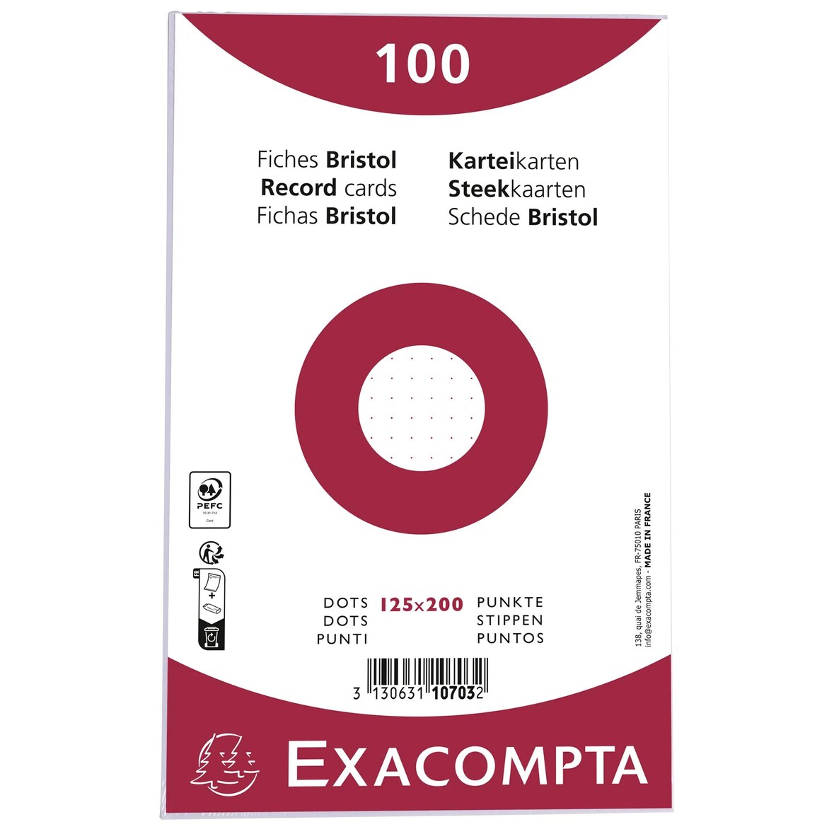 Exacompta 10703E 12x Packung mit 100 Karteikarten 125x200mm, eingeschweißt, DOT/punktkariert, nicht perforiert - Weiß