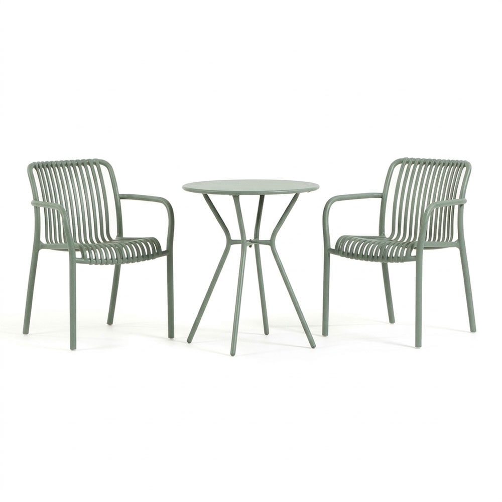 Bistro balkonset met ronde metalen tafel, 2 stapelbare stoelen van hars met armleuningen, ruimtebesparend voor de tuin - Nathan+Simona/Saliegroen