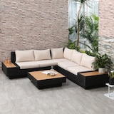 thumbnail of Loungeset aus Kunststoffrattan und Polyester in Schwarz, 4-teilig, mit Beistelltisch, Seitenablagen und 10 cm Polstern