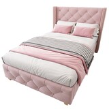 thumbnail of Luxuriöses Samt-Polsterbett 100x200 Rosa Knopf-Tufting Nietenverzierungen Verstärkte Bettbeine Modernes elegantes Design