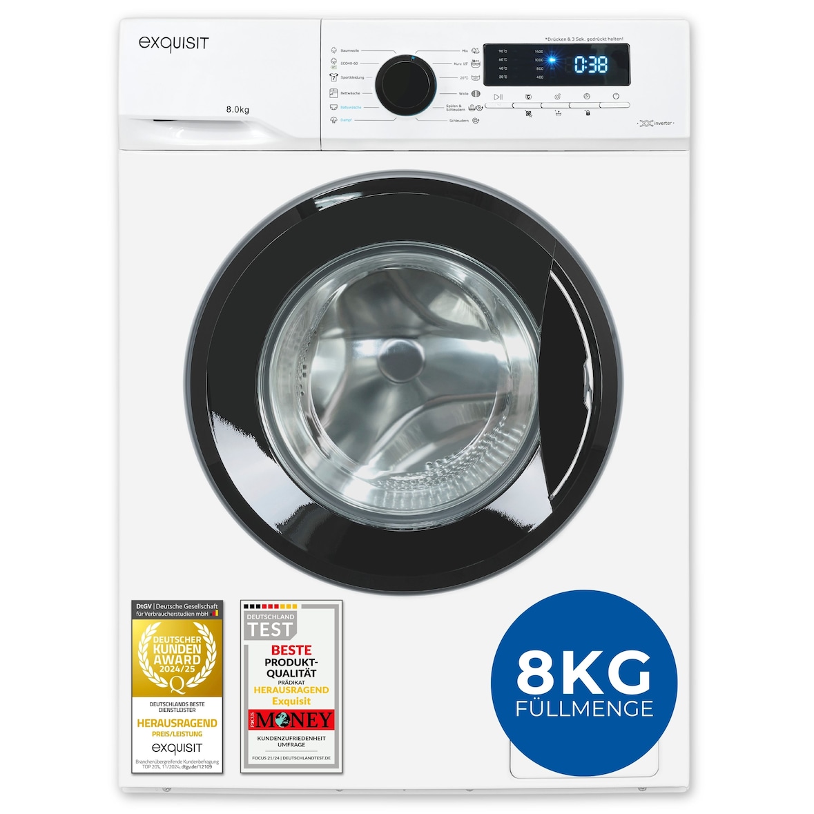 Exquisit Waschmaschine 8kg, Energieeffizienzklasse A, max. 1400 U/Min, 13 Programme, Startzeitvorwahl, Kindersicherung, WA58014-020A weiss