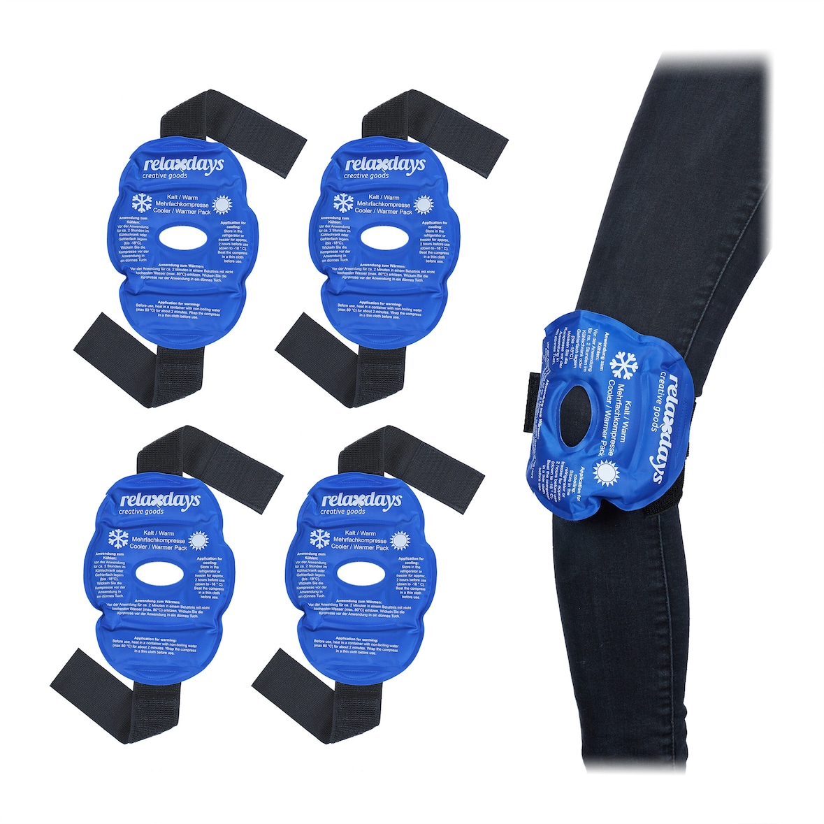 Relaxdays Kühlpads Knie, 4er Set, Kalt Warm Kompressen, wiederverwendbar, Gel Kühlbandage mit Klettverschluss, blau