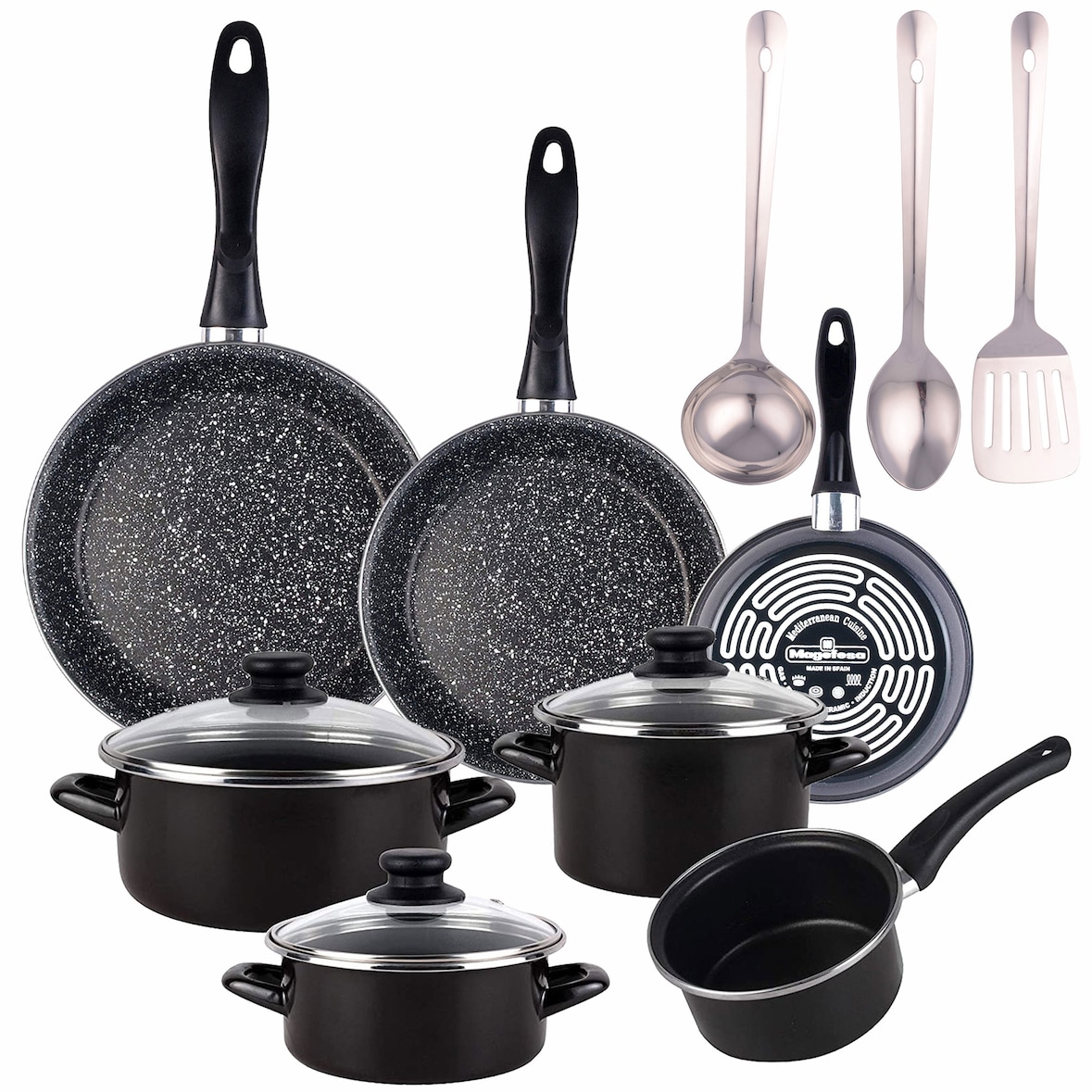 Magefesa - Batería de Cocina KENIA 14/16/16/20cm en Acero Esmaltado apta para inducción con Set de 3 Utensilios de Cocina Acero Inox