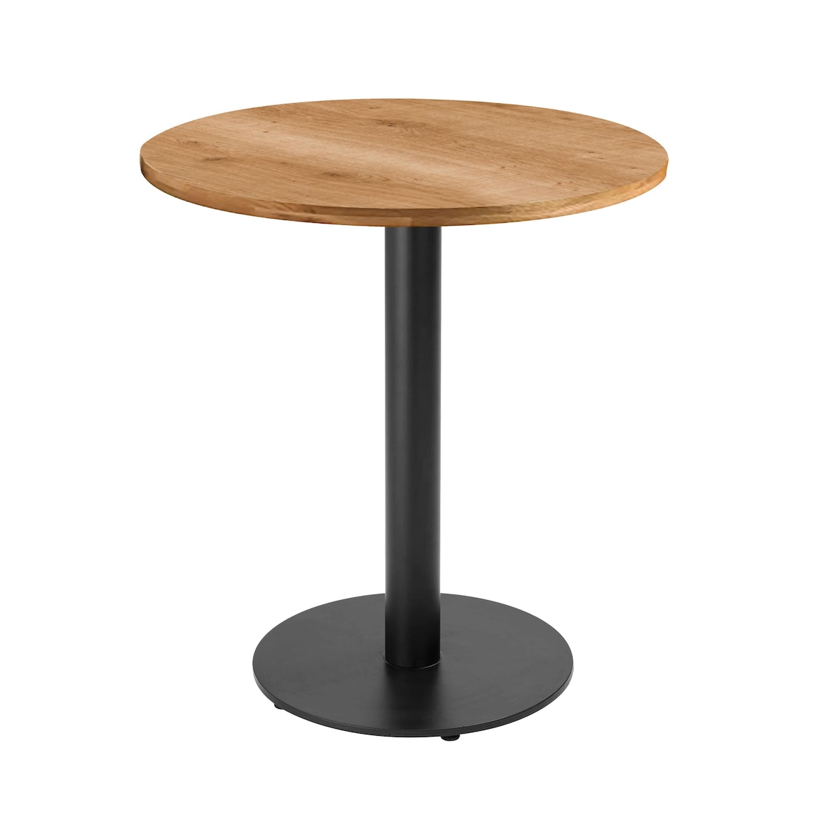 60 cm ronde eettafel met zwart onderstel en lichthouten bekleding