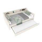 thumbnail of Tagesbett 90x200 cm aus Leinen mit Ausziehbett, stilvolle LED-Beleuchtung, USB-Anschluss, komfortables Design in Beige, ideal für kleine Räume