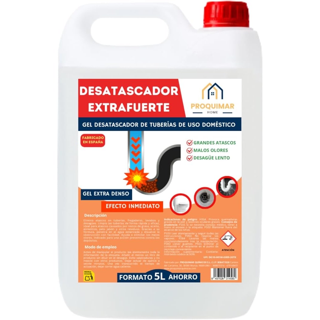 Desatascador de Tuberías Proquimar – Elimina Atascos por Pelo, Comida y Más – Uso Doméstico – Garrafa de 5 Litros