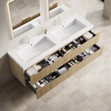 thumbnail of Badezimmer-Waschtisch 53×160×46 cm mit 2 integrierten Waschbecken aus Kunststein im weißen Eichen-Look, mit Soft-Close-Schubladen