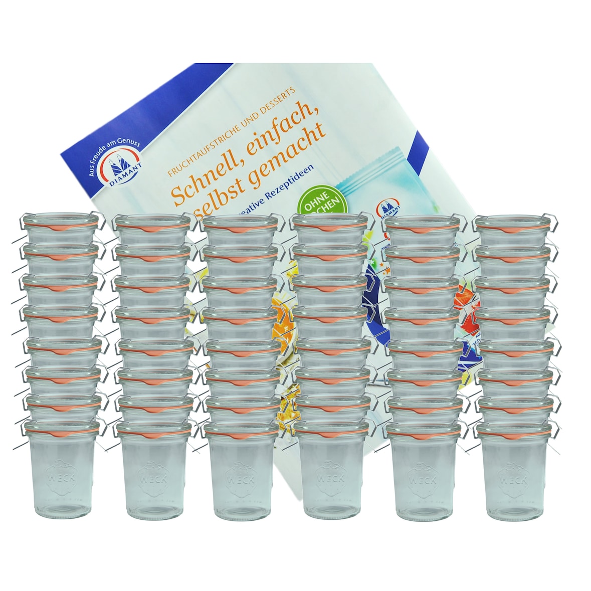 48er Set Weck Gläser 160 ml Sturzgläser mit 48 Glasdeckeln, 48 Einkochringen und 96 Klammern incl. Diamant-Zucker Gelierzauber Rezeptheft
