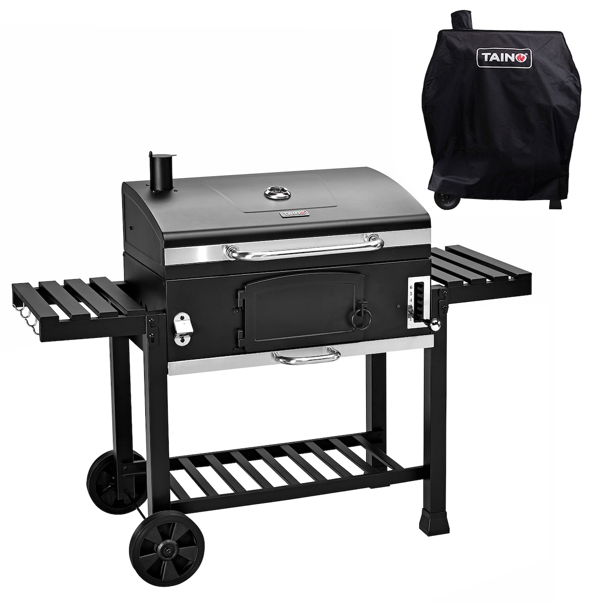 TAINO HERO XXL Set Smoker BBQ Grillwagen Holzkohlegrill Grill Räucherofen Haube