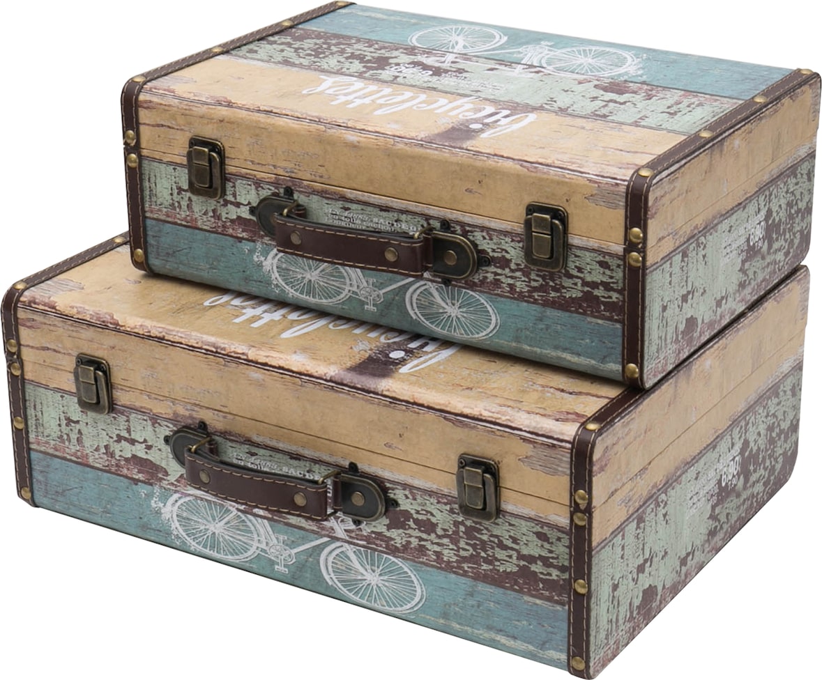 HMF Vintage Deko Koffer aus Holz, Aufbewahrungsbox mit Deckel und Ledergriff, stilvolle Aufbewahrung und Geschenkidee, Fahrrad, 2er Set, 38 + 44 cm