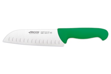 Arcos Cuchillo Santoku con Alveolos, Hoja de Acero Inoxidable NITRUM de 180 mm, Mango inyectado en Polipropileno, Color verde