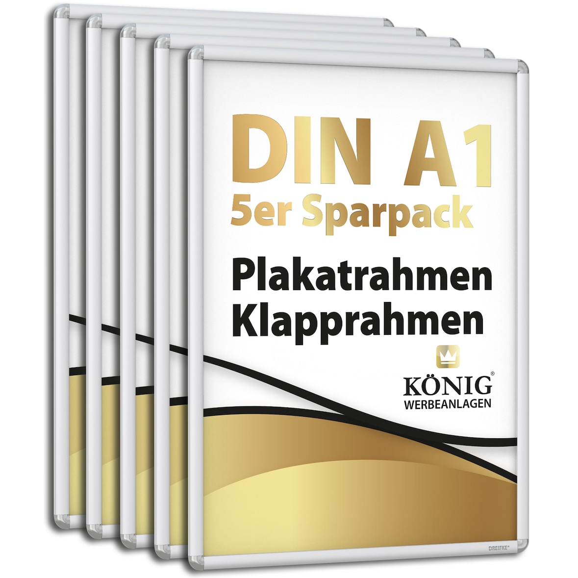 5 Plakatrahmen DIN A1 | abgerundete Ecken | 25mm Alu Profil, Silber | Bilderrahmen Klapprahmen Wechselrahmen Posterrahmen | 5er Sparpack | Dreifke®