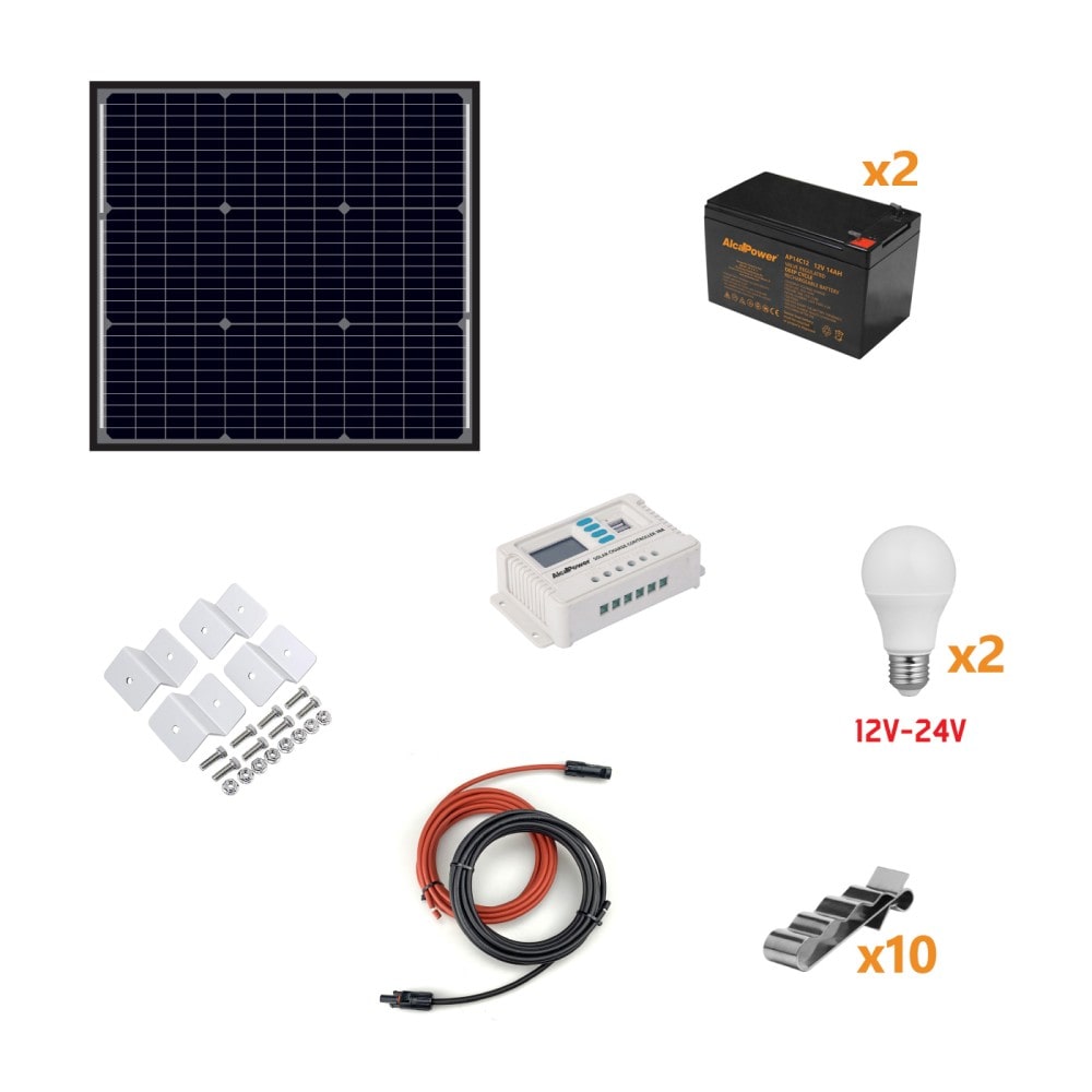 Alcapower -  50-W-Photovoltaik-Insel-Kit - Kit mit Solarpanel, Laderegler, Glühbirnen und Installationszubehör