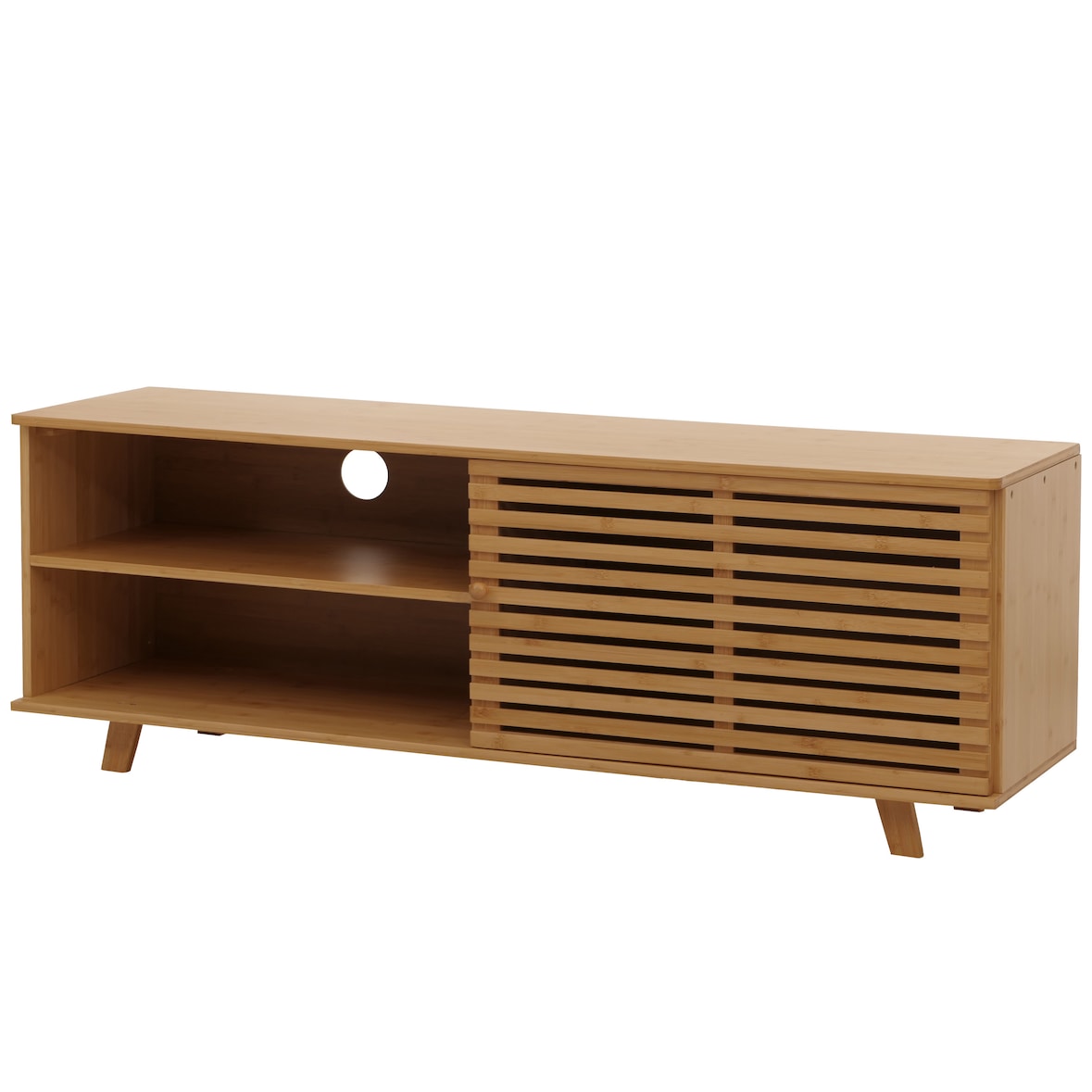 Suporte de TV em bambu HWC-N80, mesa de TV, cómoda com tampo baixo, compartimentos de arrumação com certificação FSC® 50x140x40cm