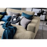 thumbnail of Sofá grande KAWOLA XL MADELINE con bandeja de madera negra para reposabrazos, tela blanca crema