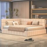 thumbnail of Polsterbett 160x200 cm aus Samt – Multifunktionales Bett mit stabilem Lattenrost und verstellbarer Rückenlehne, klassisches Design in Beige