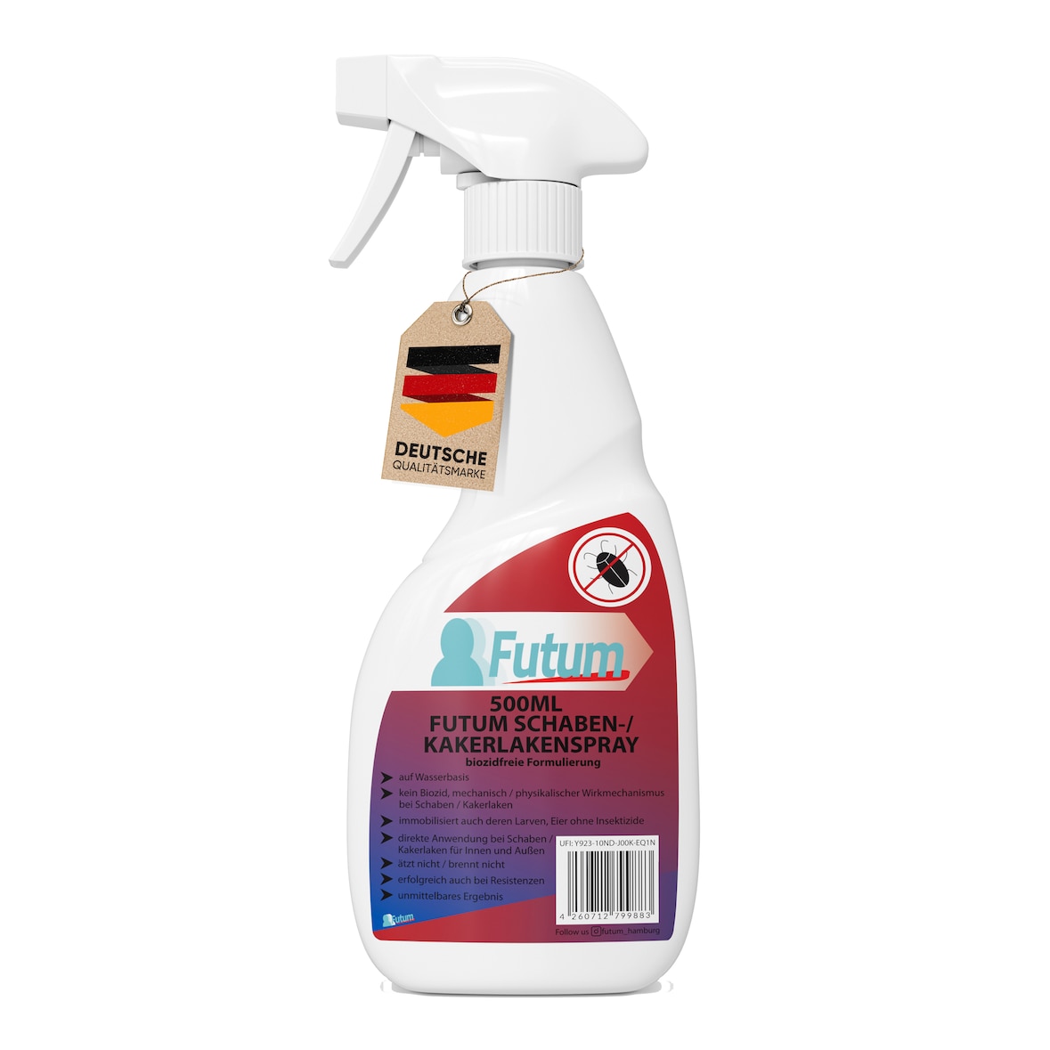 FUTUM 500ml Schabenspray / Kakerlakenspray bekämpft Insekten, Eier, Larven, Insektenspray ohne Biozide auf Wasserbasis,  Sofortwirkung ohne Flecken